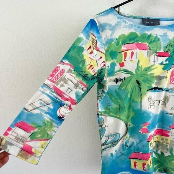 Northern Isles Coastal Village Vibrant Neon Pink Blue Quarter Sleeve Top Small - Picture 3 of 12